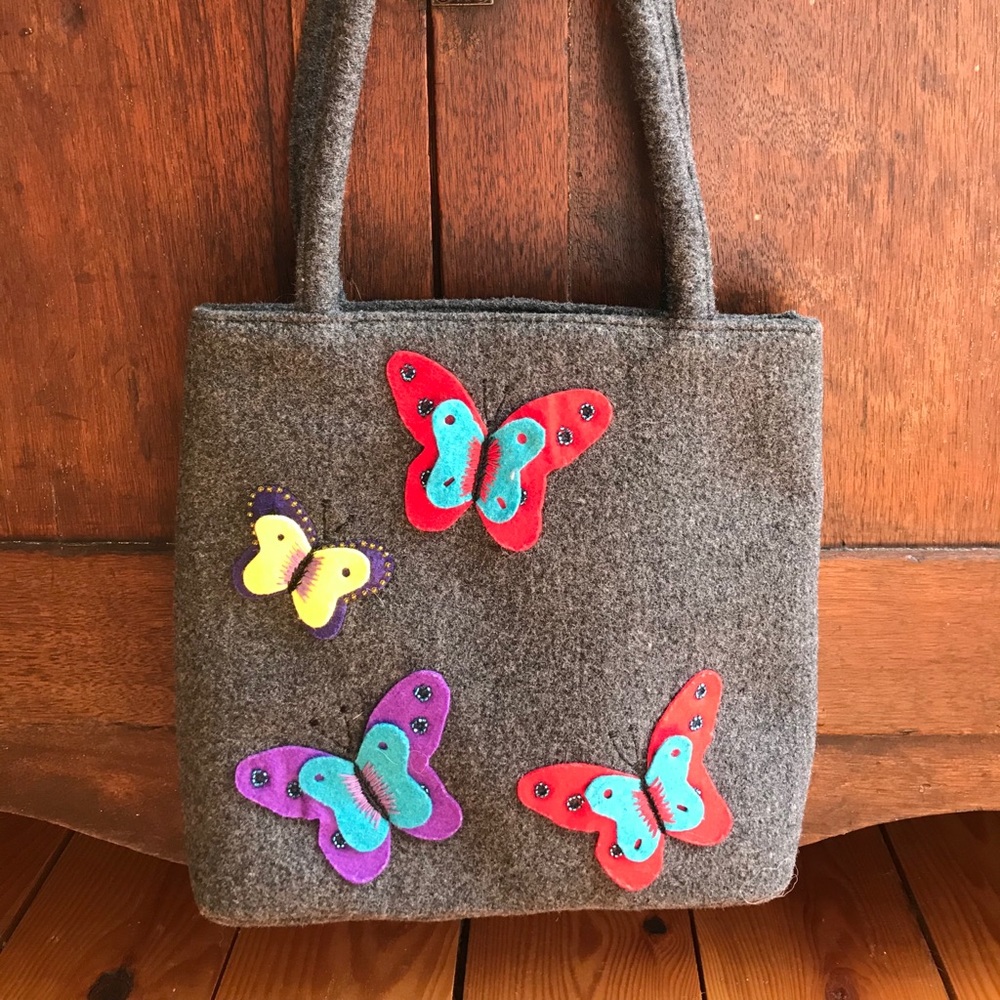 Gray Lulu Guiness Wool Bag W/Butterfly Appliqués